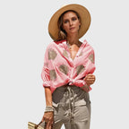 Printed Button-Up Blouse Women's White Gold Long Sleeve Shirt – Casual, Office, Holiday, Gift