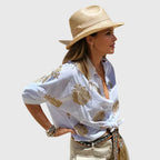 Printed Button-Up Blouse Women's White Gold Long Sleeve Shirt – Casual, Office, Holiday, Gift