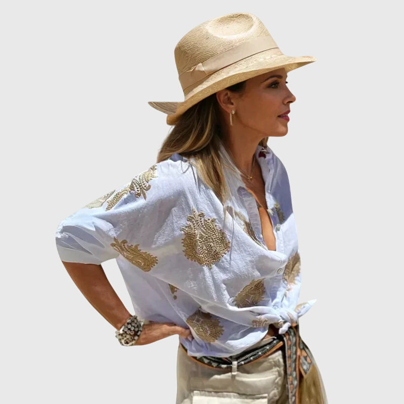 Printed Button-Up Blouse Women's White Gold Long Sleeve Shirt – Casual, Office, Holiday, Gift