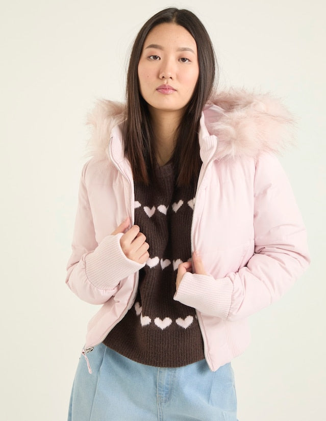 Puffer Jacket Brown Women's Cropped with Faux Fur Hood, Front Zip – Casual, Winter