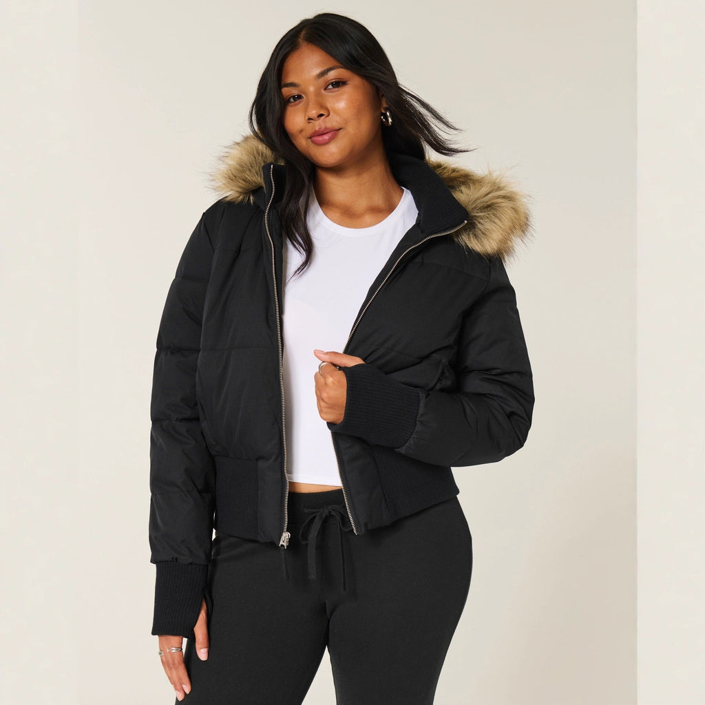 Puffer Jacket Brown Women's Cropped with Faux Fur Hood, Front Zip – Casual, Winter