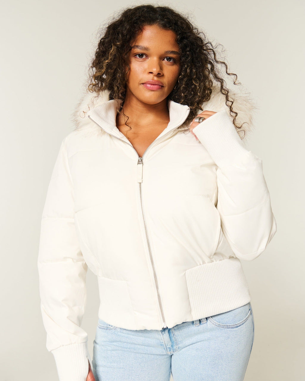 Puffer Jacket Brown Women's Cropped with Faux Fur Hood, Front Zip – Casual, Winter