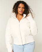 Puffer Jacket Brown Women's Cropped with Faux Fur Hood, Front Zip – Casual, Winter