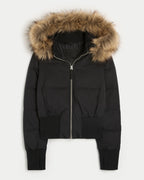 Puffer Jacket Brown Women's Cropped with Faux Fur Hood, Front Zip – Casual, Winter