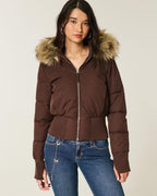 Puffer Jacket Brown Women's Cropped with Faux Fur Hood, Front Zip – Casual, Winter