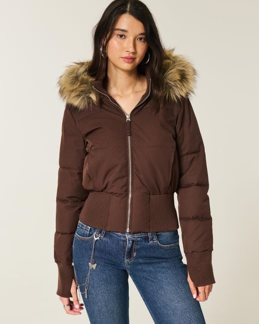 Puffer Jacket Brown Women's Cropped with Faux Fur Hood, Front Zip – Casual, Winter