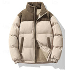 Puffer Jacket Men's Insulated Stand-Collar Corduroy Trim Zip-Up Coat – Casual, Winter Warmth