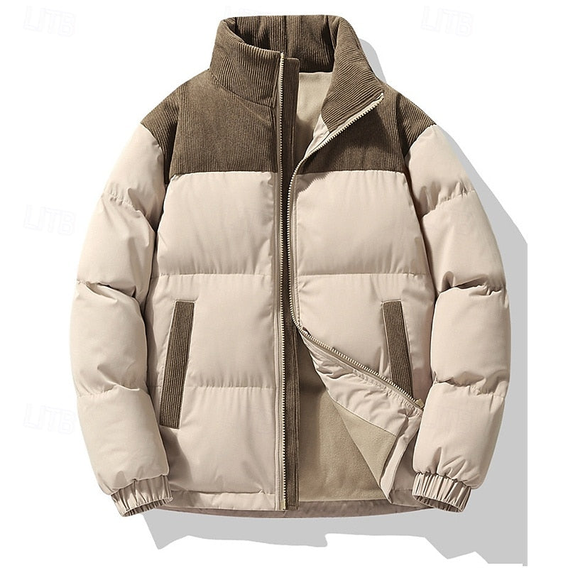 Puffer Jacket Men's Insulated Stand-Collar Corduroy Trim Zip-Up Coat – Casual, Winter Warmth