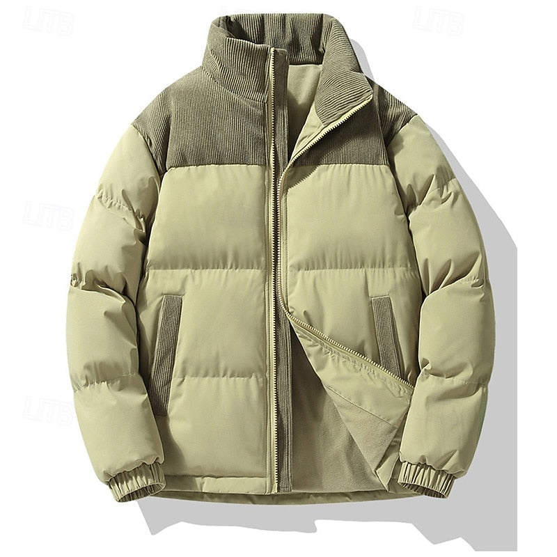 Puffer Jacket Men's Insulated Stand-Collar Corduroy Trim Zip-Up Coat – Casual, Winter Warmth