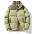 Puffer Jacket Men's Insulated Stand-Collar Corduroy Trim Zip-Up Coat – Casual, Winter Warmth