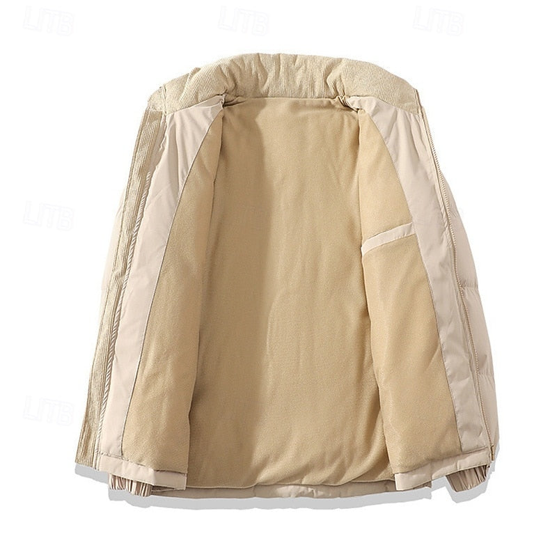 Puffer Jacket Men's Insulated Stand-Collar Corduroy Trim Zip-Up Coat – Casual, Winter Warmth