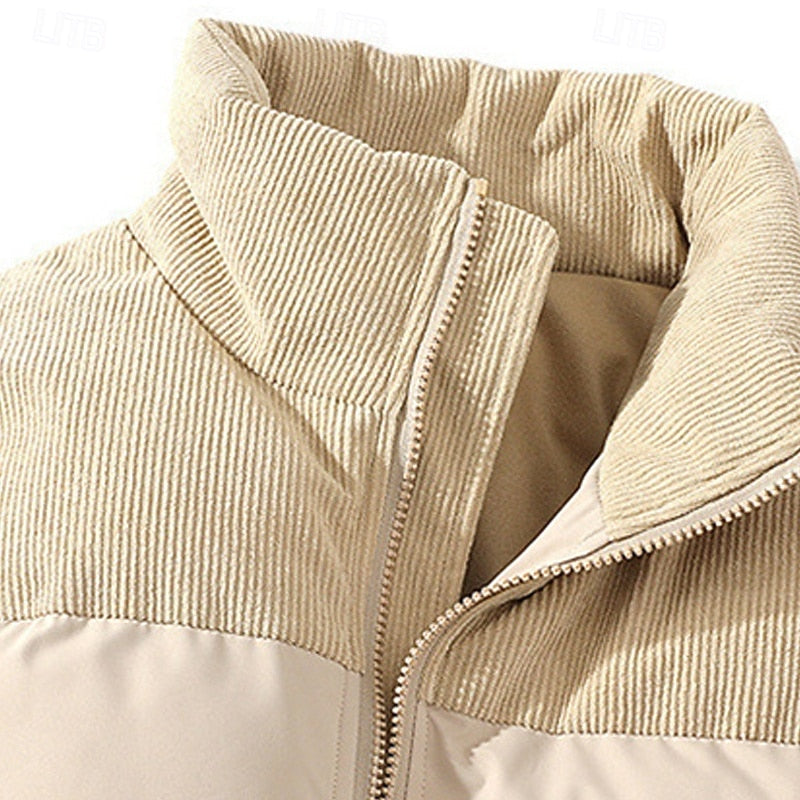 Puffer Jacket Men's Insulated Stand-Collar Corduroy Trim Zip-Up Coat – Casual, Winter Warmth