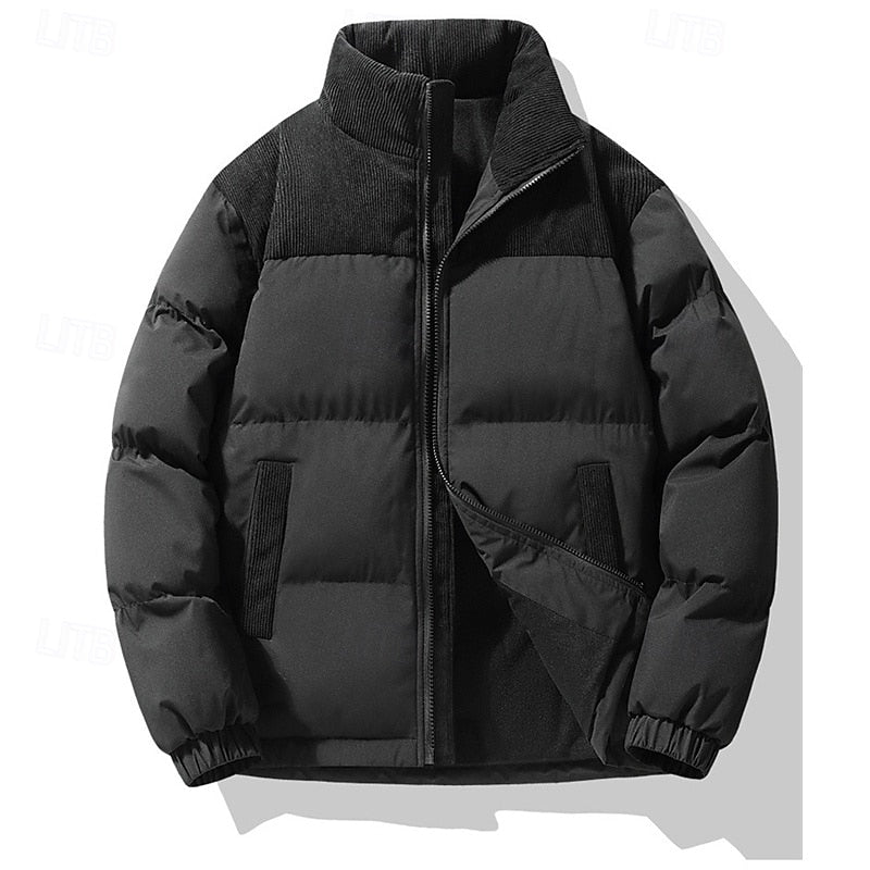 Puffer Jacket Men's Insulated Stand-Collar Corduroy Trim Zip-Up Coat – Casual, Winter Warmth