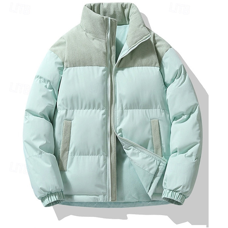 Puffer Jacket Men's Insulated Stand-Collar Corduroy Trim Zip-Up Coat – Casual, Winter Warmth