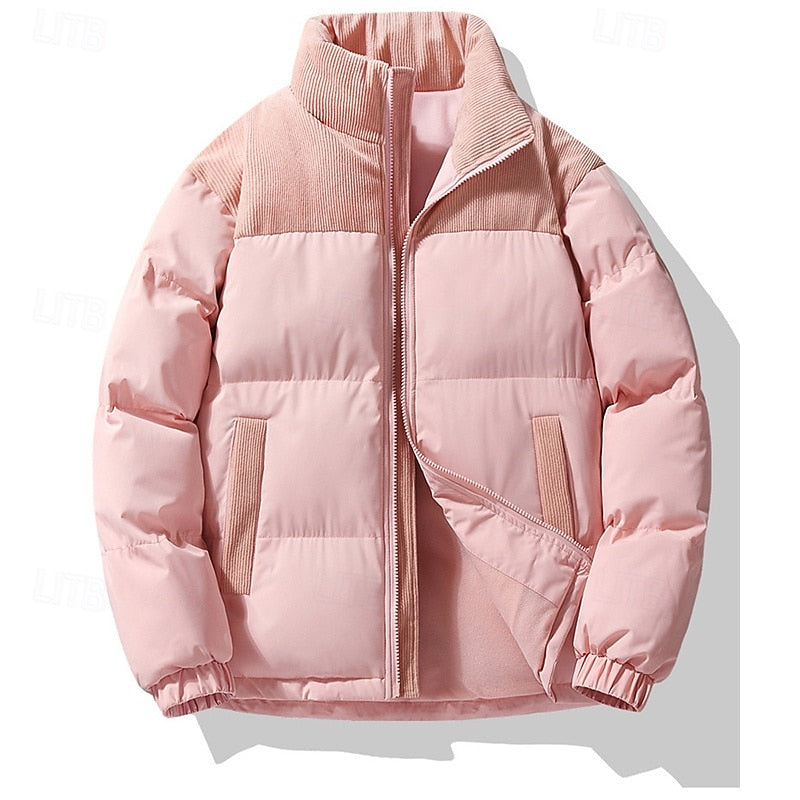 Puffer Jacket Men's Insulated Stand-Collar Corduroy Trim Zip-Up Coat – Casual, Winter Warmth