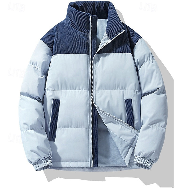 Puffer Jacket Men's Insulated Stand-Collar Corduroy Trim Zip-Up Coat – Casual, Winter Warmth