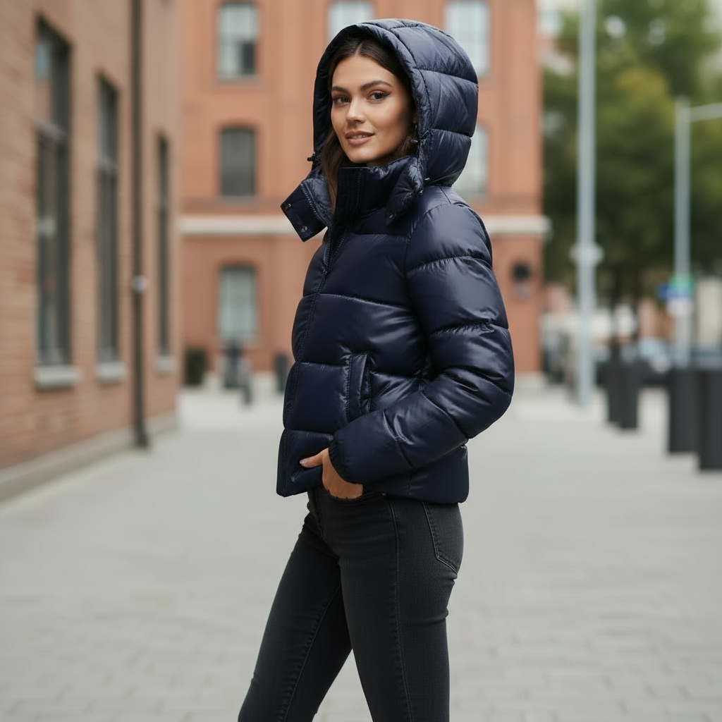 Puffer Jacket Navy Blue Hooded Glossy Women's – Casual, Winter, Everyday Outdoor