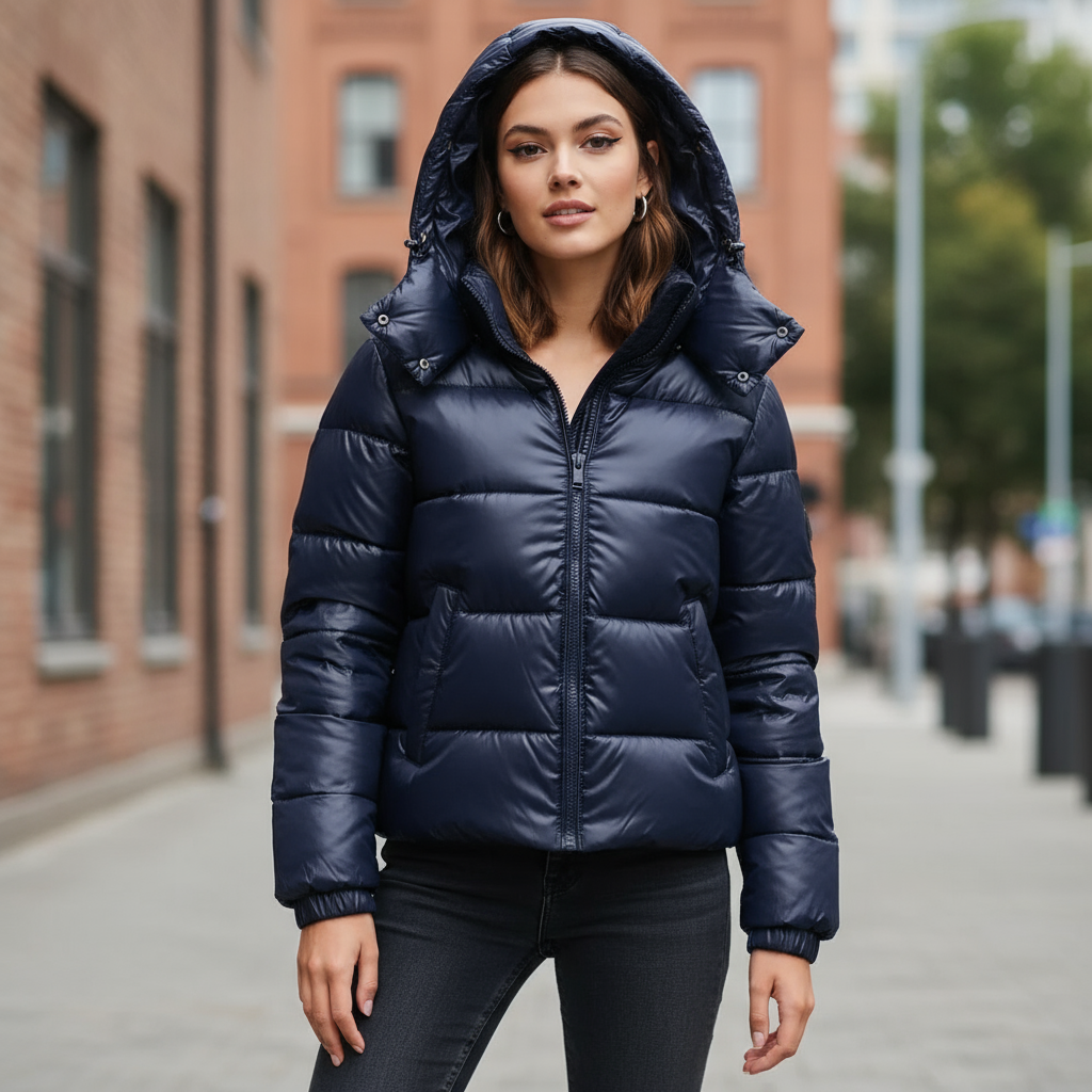 Puffer Jacket Navy Blue Hooded Glossy Women's – Casual, Winter, Everyday Outdoor