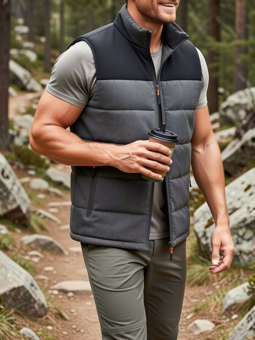 Puffer Vest Men's Insulated Stand-Collar Gray Zip-Pocket – Casual, Winter Outdoor Layering
