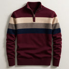 Quarter-Zip Knit Sweater Men's Striped Navy Mock Neck Pullover – Casual, Office, Gift