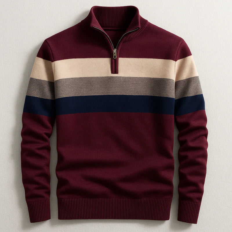 Quarter-Zip Knit Sweater Men's Striped Navy Mock Neck Pullover – Casual, Office, Gift