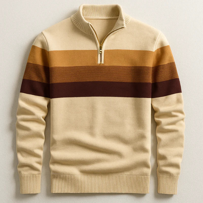 Quarter-Zip Knit Sweater Men's Striped Navy Mock Neck Pullover – Casual, Office, Gift