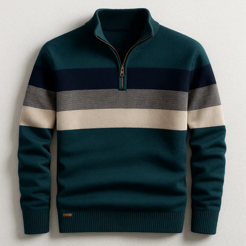 Quarter-Zip Knit Sweater Men's Striped Navy Mock Neck Pullover – Casual, Office, Gift