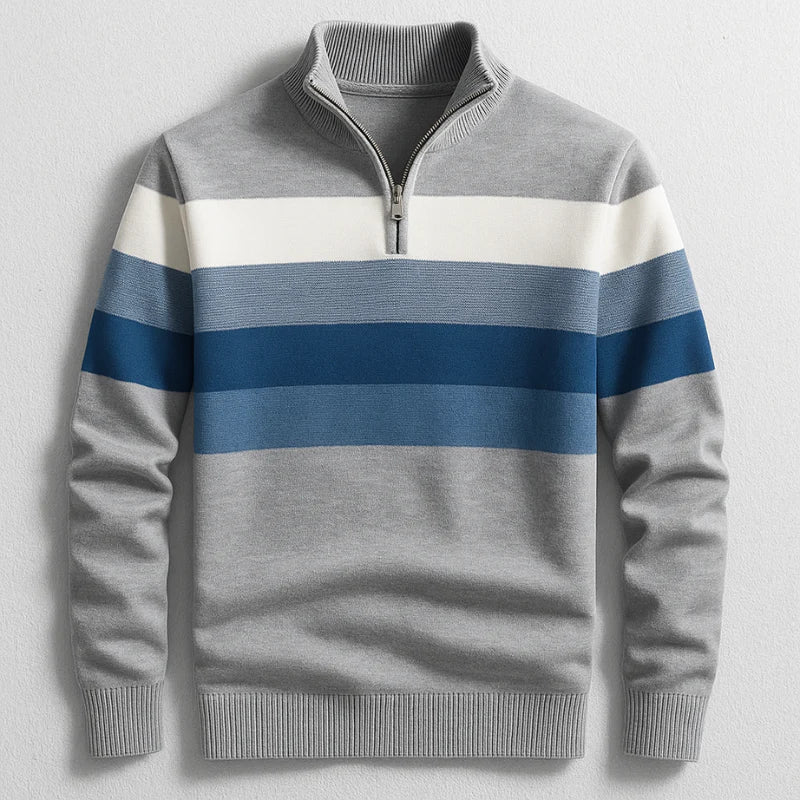 Quarter-Zip Knit Sweater Men's Striped Navy Mock Neck Pullover – Casual, Office, Gift