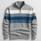 Quarter-Zip Knit Sweater Men's Striped Navy Mock Neck Pullover – Casual, Office, Gift