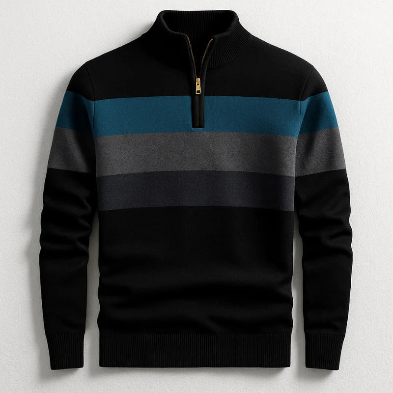 Quarter-Zip Knit Sweater Men's Striped Navy Mock Neck Pullover – Casual, Office, Gift
