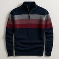 Quarter-Zip Knit Sweater Men's Striped Navy Mock Neck Pullover – Casual, Office, Gift