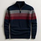 Quarter-Zip Knit Sweater Men's Striped Navy Mock Neck Pullover – Casual, Office, Gift