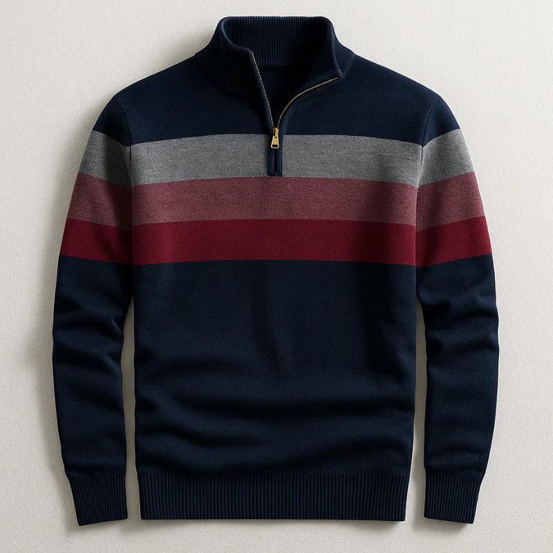 Quarter-Zip Knit Sweater Men's Striped Navy Mock Neck Pullover – Casual, Office, Gift