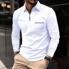 Quarter-Zip Polo Shirt Men's Long Sleeve Navy Collared Top with Chest Pocket – Casual, Office, Gift