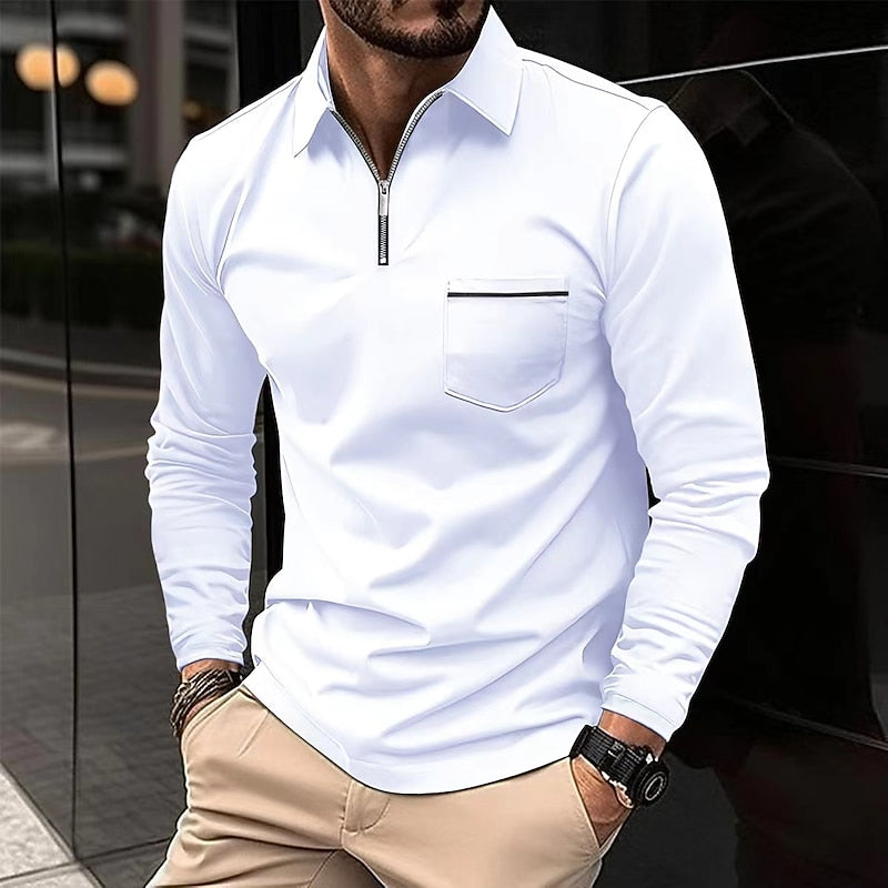 Quarter-Zip Polo Shirt Men's Long Sleeve Navy Collared Top with Chest Pocket – Casual, Office, Gift