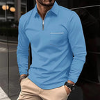 Quarter-Zip Polo Shirt Men's Long Sleeve Navy Collared Top with Chest Pocket – Casual, Office, Gift
