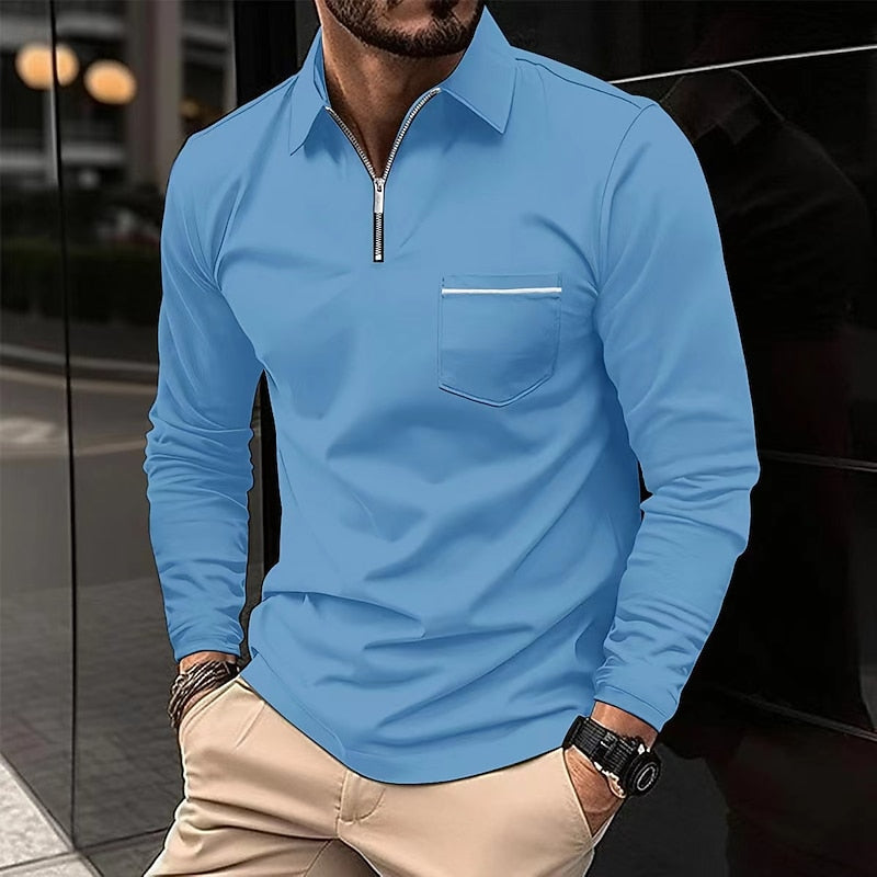 Quarter-Zip Polo Shirt Men's Long Sleeve Navy Collared Top with Chest Pocket – Casual, Office, Gift
