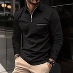 Quarter-Zip Polo Shirt Men's Long Sleeve Navy Collared Top with Chest Pocket – Casual, Office, Gift