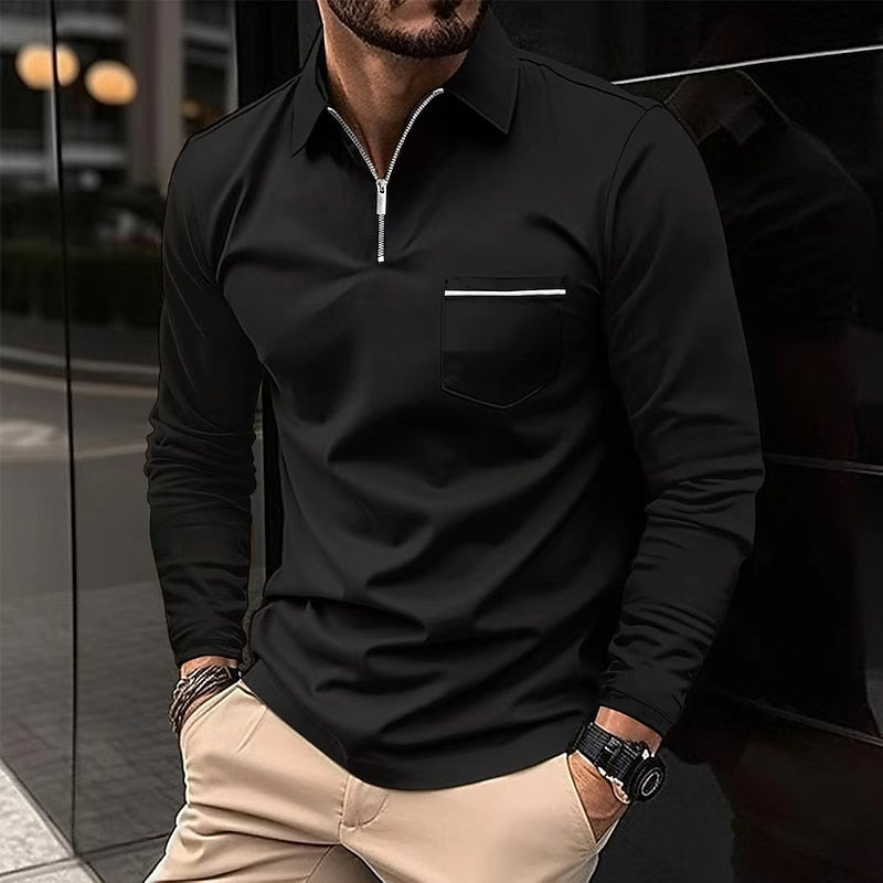 Quarter-Zip Polo Shirt Men's Long Sleeve Navy Collared Top with Chest Pocket – Casual, Office, Gift