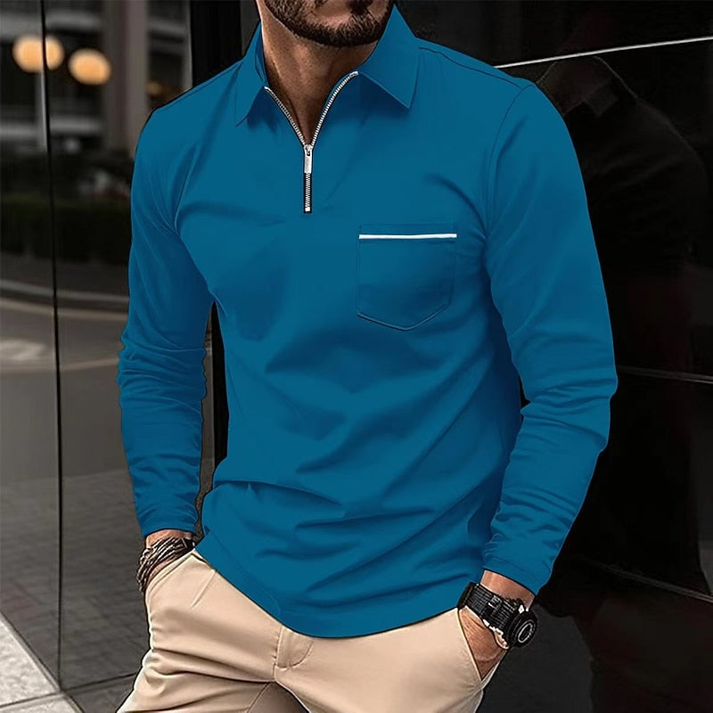 Quarter-Zip Polo Shirt Men's Long Sleeve Navy Collared Top with Chest Pocket – Casual, Office, Gift