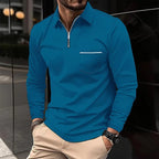 Quarter-Zip Polo Shirt Men's Long Sleeve Navy Collared Top with Chest Pocket – Casual, Office, Gift