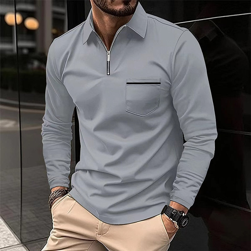 Quarter-Zip Polo Shirt Men's Long Sleeve Navy Collared Top with Chest Pocket – Casual, Office, Gift