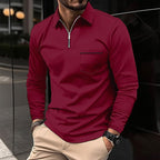 Quarter-Zip Polo Shirt Men's Long Sleeve Navy Collared Top with Chest Pocket – Casual, Office, Gift