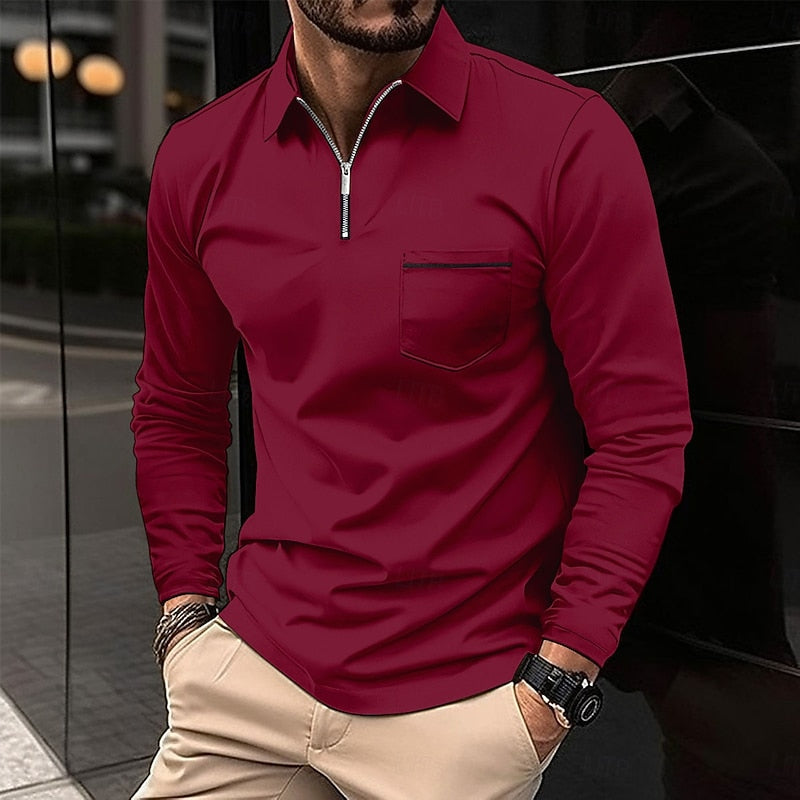 Quarter-Zip Polo Shirt Men's Long Sleeve Navy Collared Top with Chest Pocket – Casual, Office, Gift