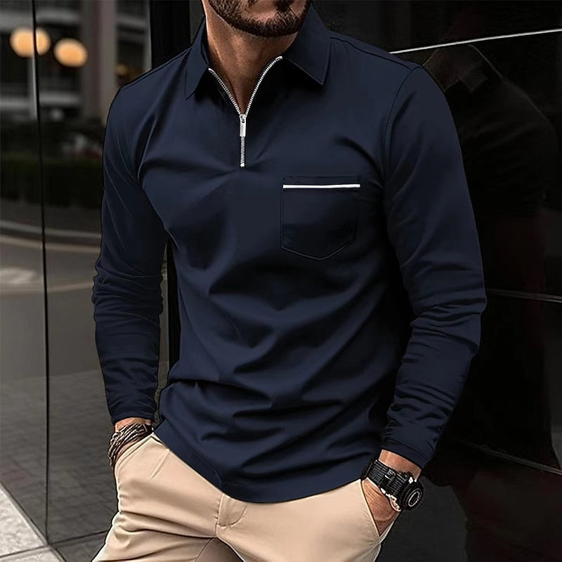 Quarter-Zip Polo Shirt Men's Long Sleeve Navy Collared Top with Chest Pocket – Casual, Office, Gift
