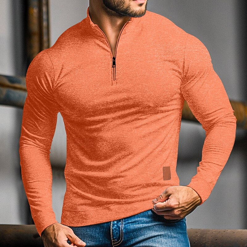 Quarter-Zip Polo Shirt Men's Long-Sleeve Orange Slim Fit Stand Collar – Casual, Office, Gift