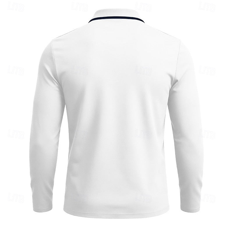 Quarter-Zip Polo Shirt Men's Long Sleeve White with Chest Pocket – Casual, Office, Gift