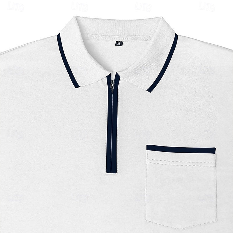 Quarter-Zip Polo Shirt Men's Long Sleeve White with Chest Pocket – Casual, Office, Gift