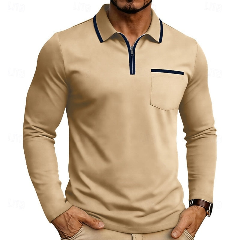 Quarter-Zip Polo Shirt Men's Long Sleeve White with Chest Pocket – Casual, Office, Gift