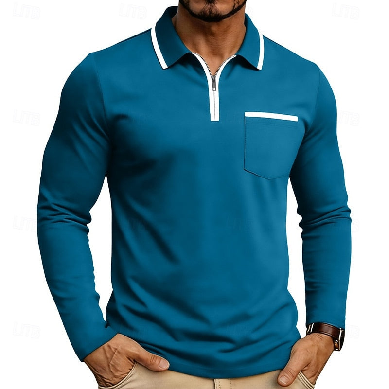 Quarter-Zip Polo Shirt Men's Long Sleeve White with Chest Pocket – Casual, Office, Gift